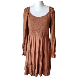 Boho Smocked Tiered Mini Dress Scoop Neck Long Sleeve Rust Brown Size XL NWOT
